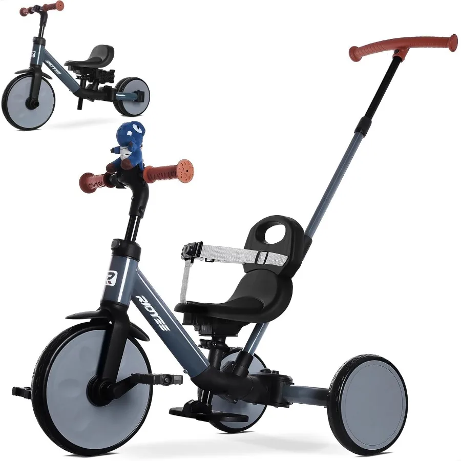 รถสามล้อเด็ก 5-in-1 สำหรับเด็กอายุ 1.5 ถึง 3 ปี พร้อมที่จับสำหรับผู้ปกครอง ปรับเปลี่ยนเป็นจักรยานทรงตัวได้โดยไม่ต้องใช้เครื่องมือ สายรัดนิรภัยแบบถอดได้