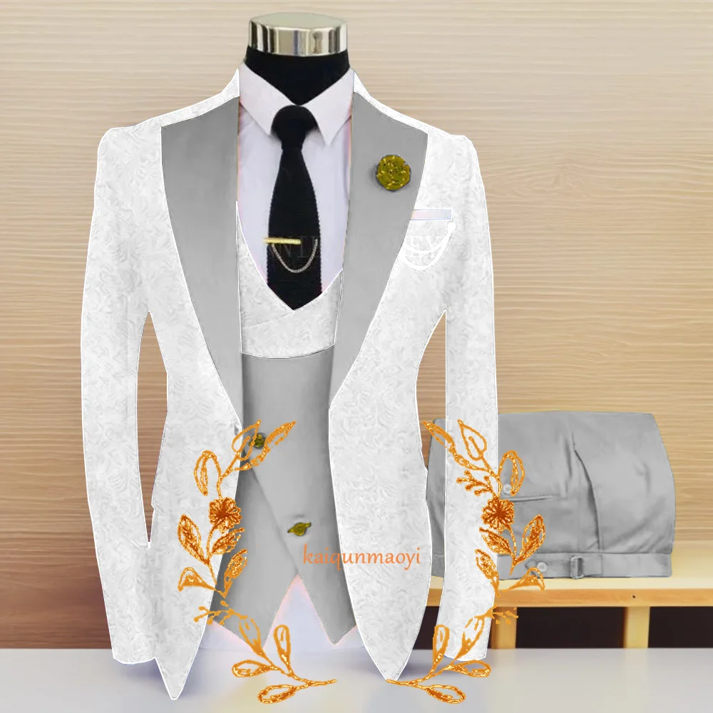 Traje de Jacquard para hombre, conjunto de 3 piezas, esmoquin Formal para novio de boda, Blazer blanco, traje Formal ajustado, traje elegante para hombre