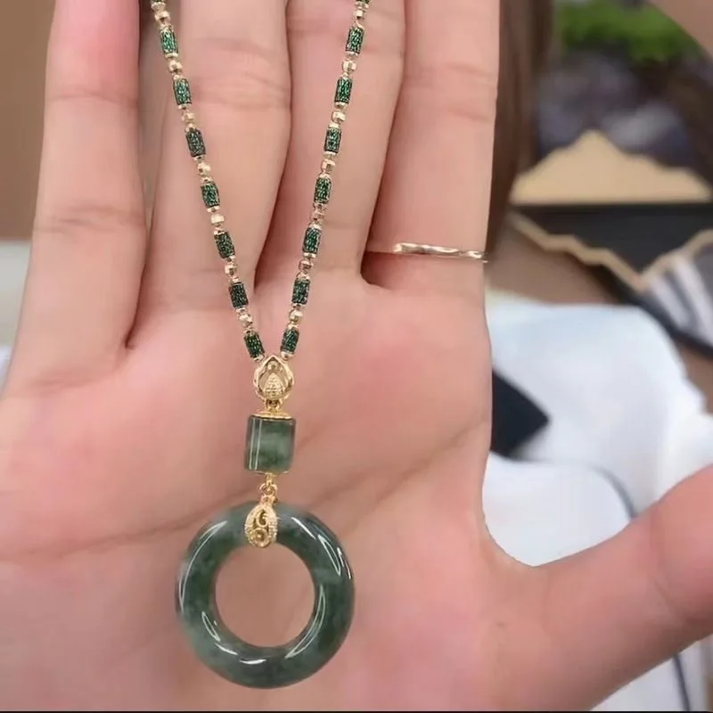 Exquisite jewelry retro peace buckle necklace sweater chain ice jade chrysoprase pendant gift stack daily wear gift