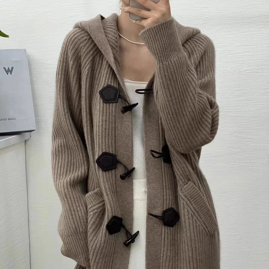 2023 Autumn Winter V-neck cardigan hooded sweater loose wool sweater outerwear solid color top  women's clothing