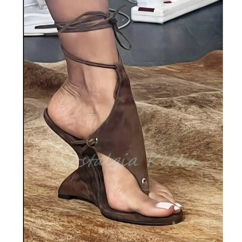 

Brown Suede Leather Wedge Heel Sandals Lace Up Ankle Strap Flip Flops Special Shaped Heel Shoes Roman Comfort Ladies Shoes