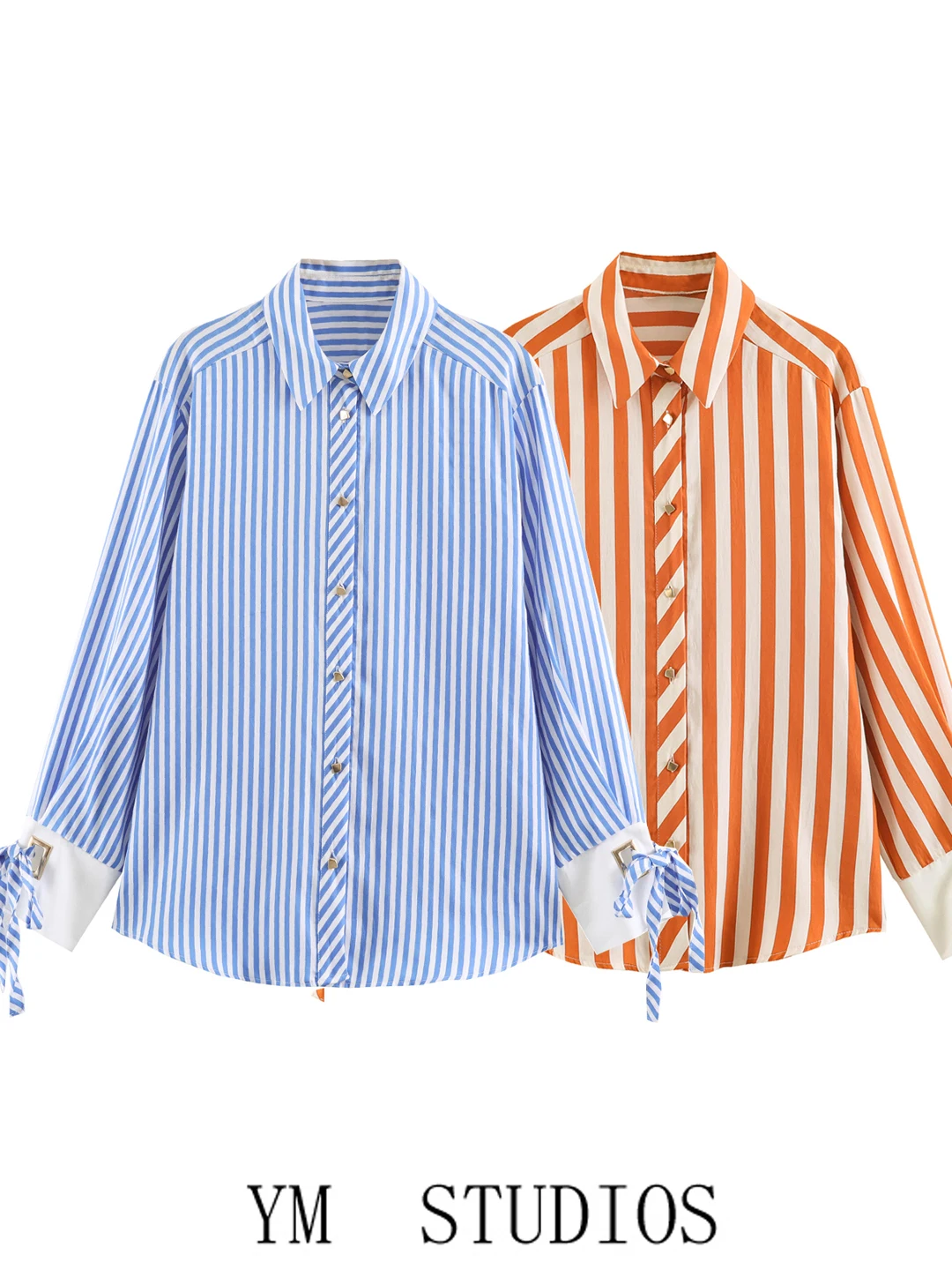 Women's Loose Fit Striped Shirt Long Sleeve  Knot Design Fashionable Casual Comfortable Breathable Polyester Fiber