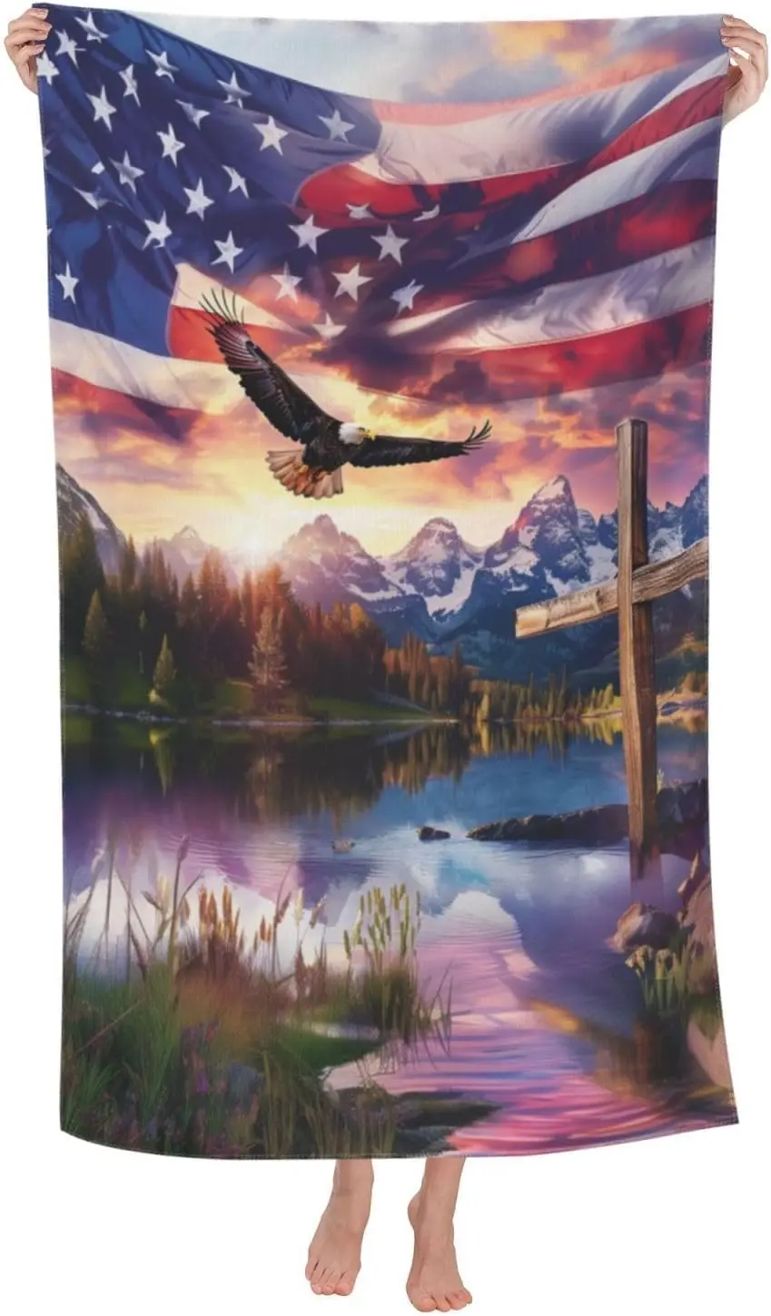 

Пляжное полотенце Cool Eagle из микрофибры, быстросохнущее, с патриотическим американским флагом и горным пейзажем, мягкое, легкое, увеличенного размера