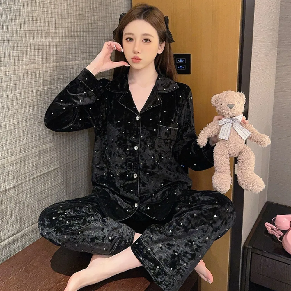 Women Diamond Velvet Pajama Set AutumnWinter Soft Warm Long Sleeve Pants Glitter Print Lapel Cardigan Luxury Loungewear Homewear