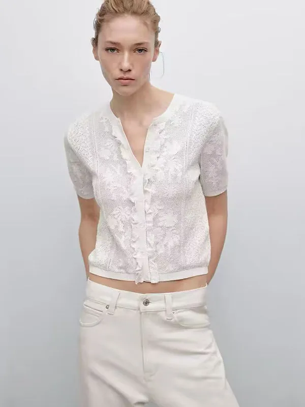 

Ele round Ne Lace ort Sve Knitted Cardigan MD Women's Faion Commute Sle White Precision New Arrival Spring