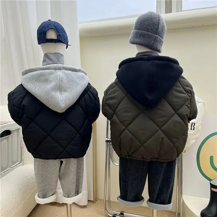 Children Cotton Padded Coats Winter Solid Plaid Warm Boys Girls Hooded Parka 1-8Years Kids Casual Quilted Jackets for 1-8years