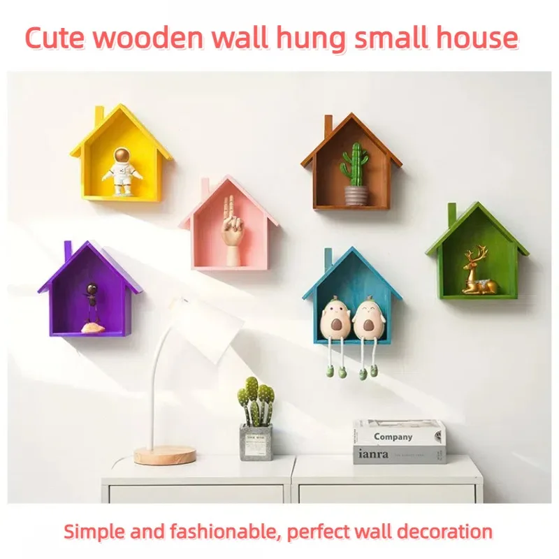 Colorful Wooden Wall-Hung Cartoon House Decor Vintage Nostalgic Home Entrance Wall Hanging Decor Wooden Ornaments Storage Shelf