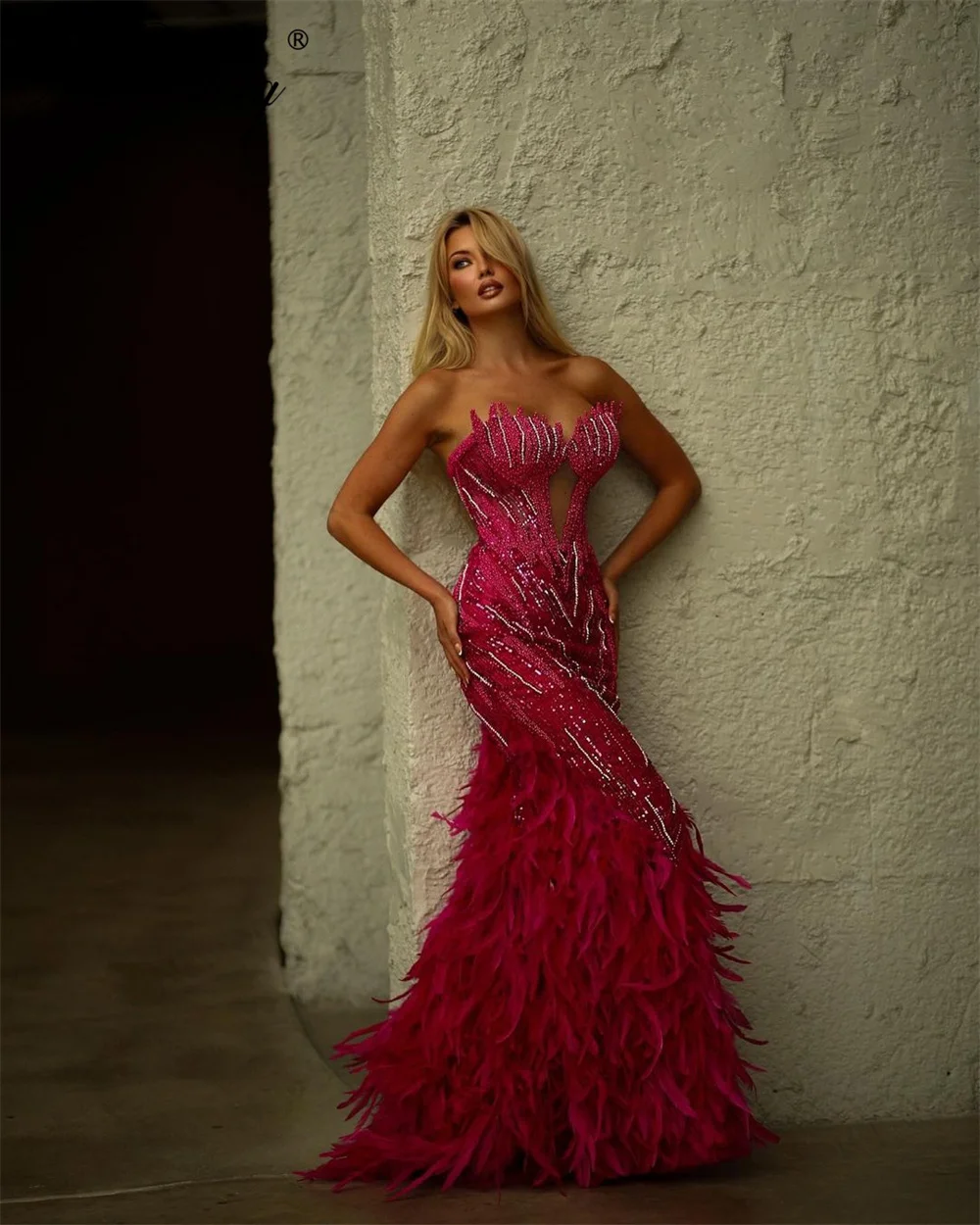 

Fuchsia Mermaid Evening Dresses Arabic Strapless Beading Formal Occasion Dress Elegant Dubai Crystals Wedding Party Gowns Arabic