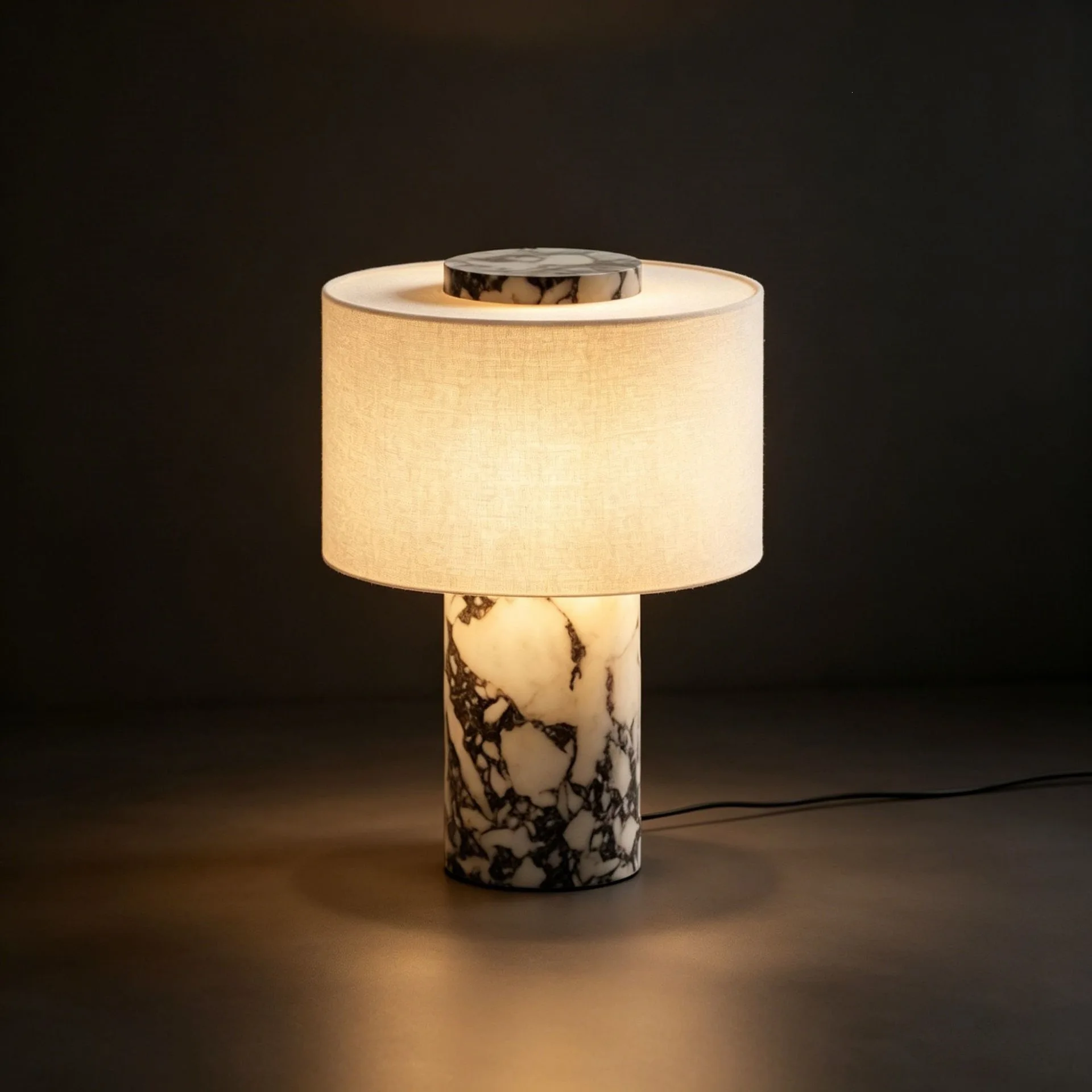 Retro Luxury Beside Lamp Natural Marble USB ChargeTable Lamp Fabric Lampshade Stone Desk Lamp Living Room Bedroom Home Decor
