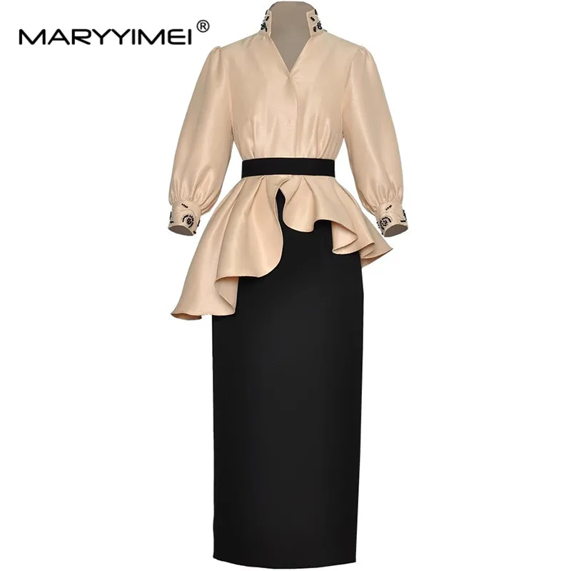 MARYYIMEI Autumn and Winter Women\'s Commuter Suit Stand Collar Long-Sleeved Beading Design Tops+Slim Pencil Skirt 2 piece set