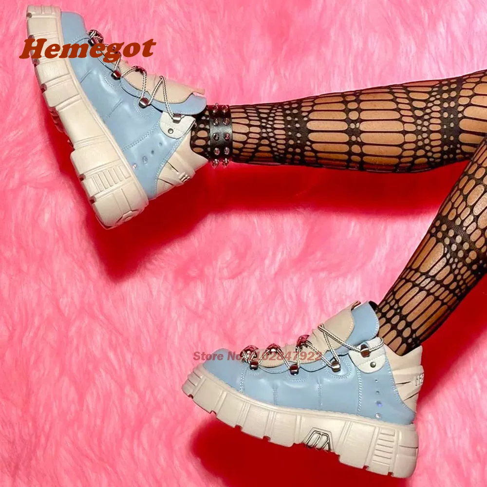 

Blue Metal Punk Shoes Motorcycle Round Toe Patchwork Tank Bottom Platform Leather Women's Men/s Boots Spicy Girls Casual Luxury