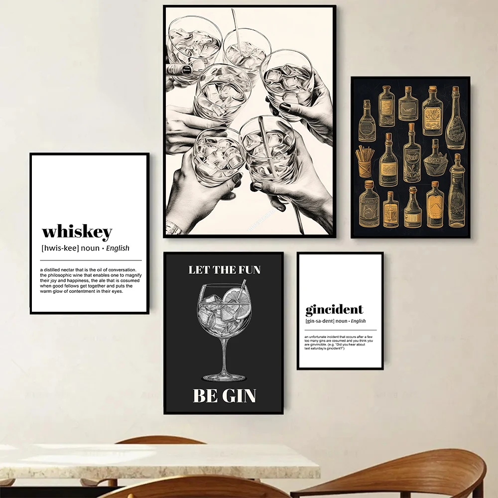 Funky Cocktails Whiskey Gin Cheers Sign Kitchen Quotes Poster Canvas Painting Wall Art Pictures Preppy Home Bar Decor