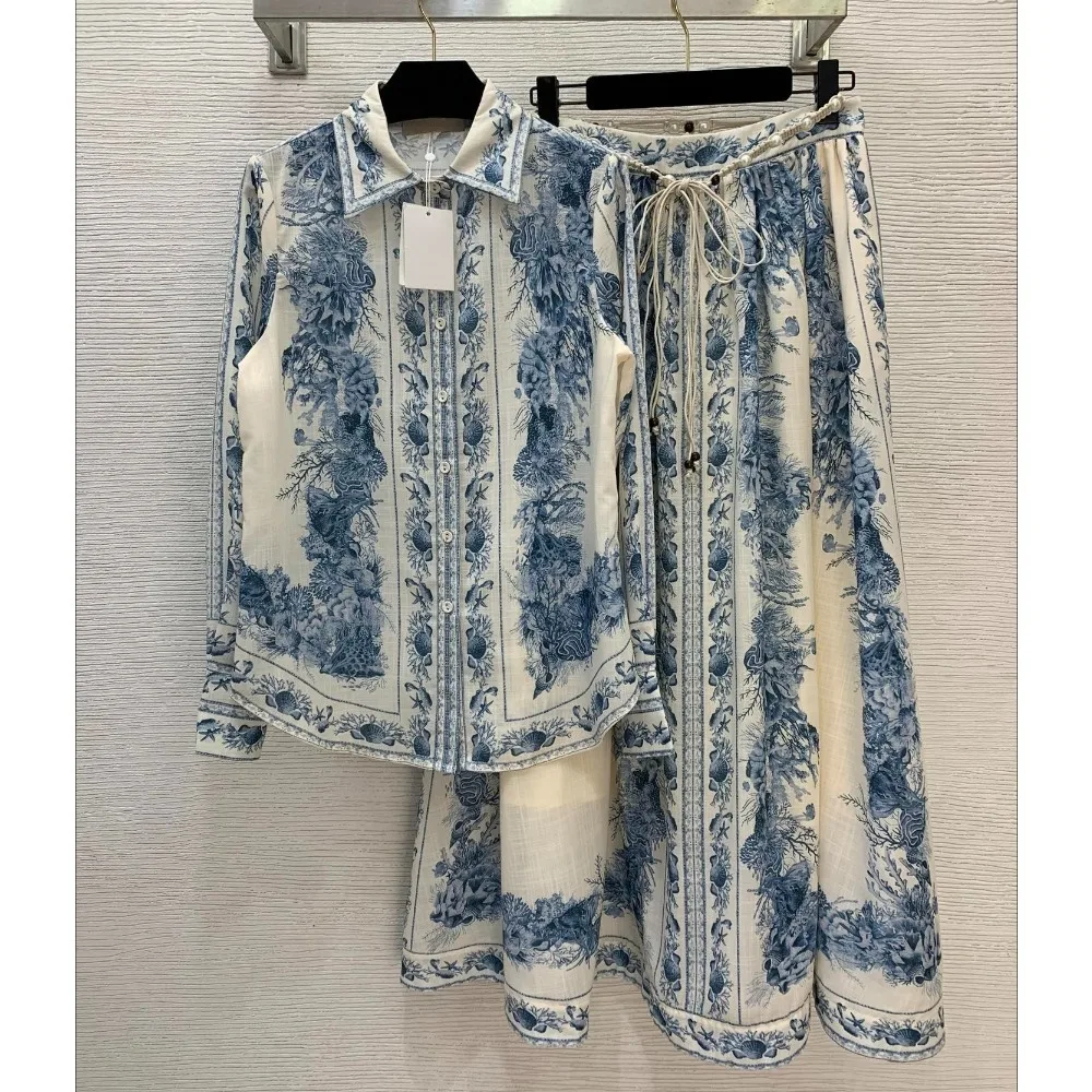 

Fashion Linen Two Piece Set Button Down Shirt Flowy Skirt with Waist Belt 2026 Trendy