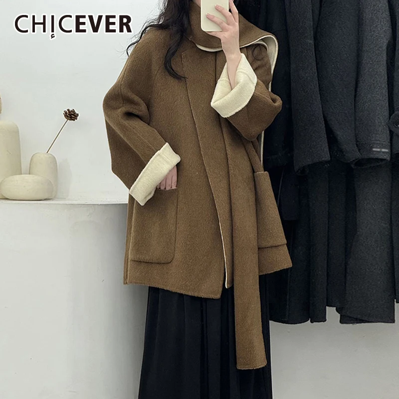 CHICEVER Vintage Wool Coat For Women O Neck Long Sleeve Patchwork Scarf Temperament Chic Outwear Female Winter Fashion Clothing