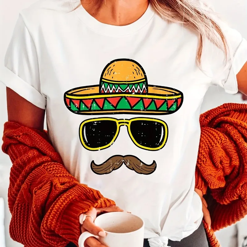 

Mexican Hat Print Patterns Cotton T-shirt Round Neck Short Sleeved T-shirt Short Sleeve Loose and Casual and Breathable