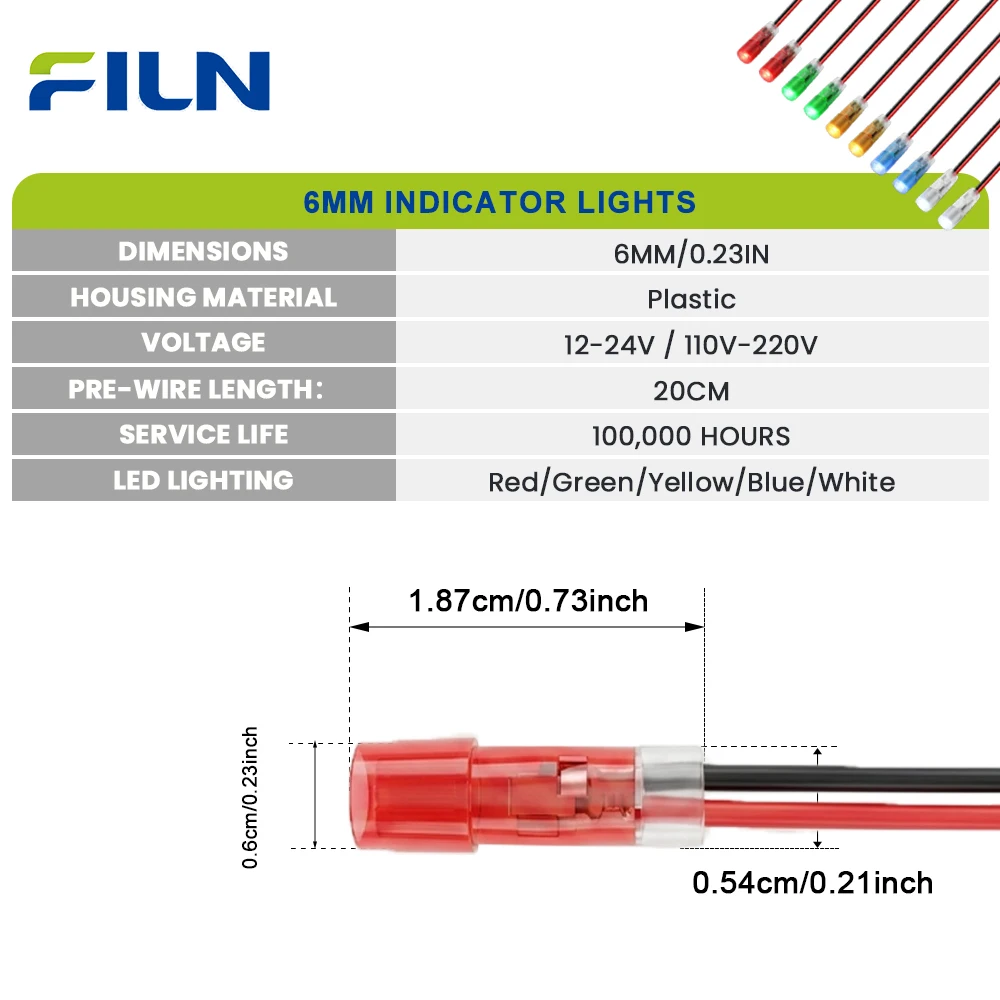FILN 3Pcs 6mm Mini Plastic LED Indicator Light 12V 24V 110V 220V Pre-Wired Pilot Signal Lamp for Marine Boat Car Dashboard