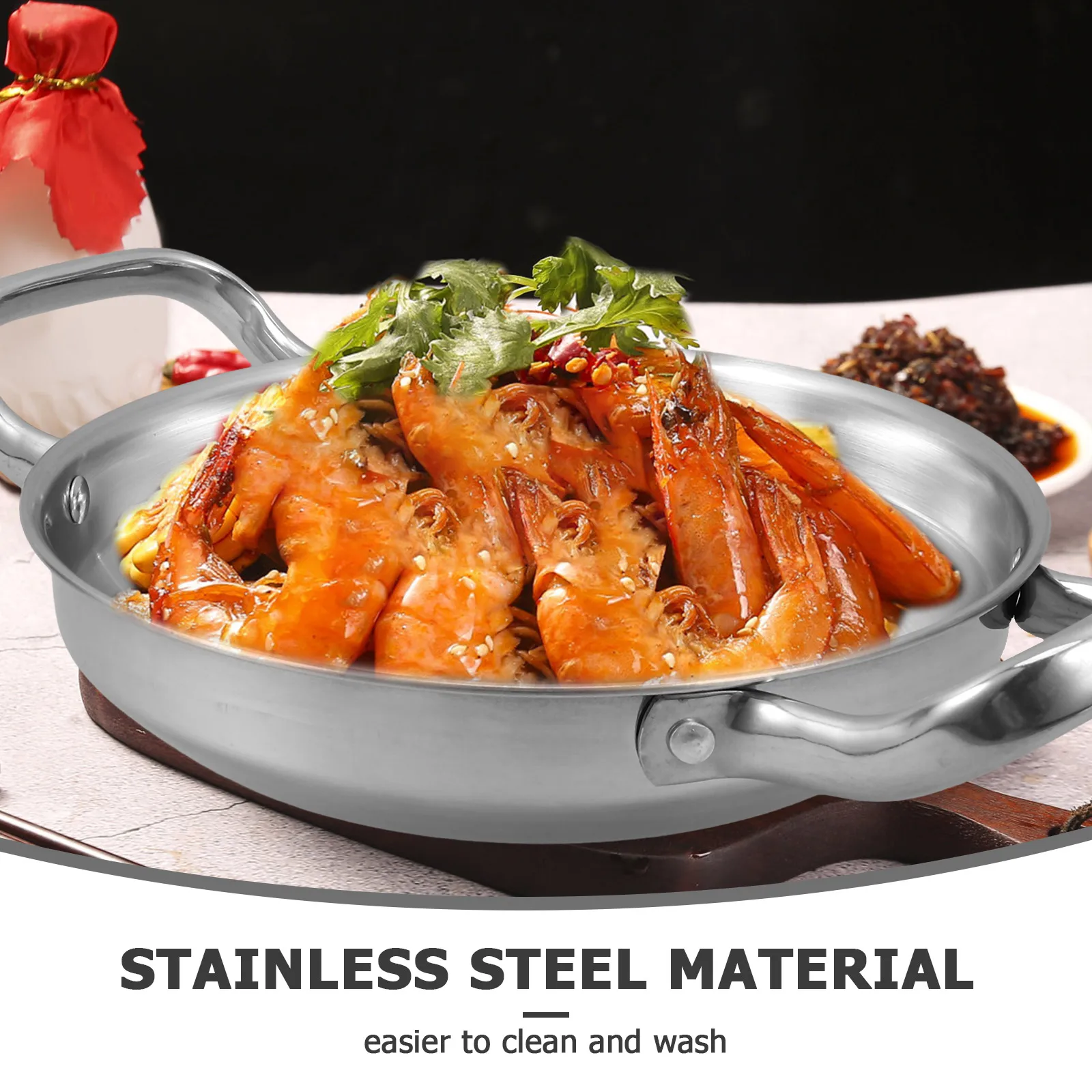 

Stainless Steel Cooking Double Handles Non-Stick Easy Cleaning Space Saving Kitchen Helper Home Restaurant Use Ramen with Handle