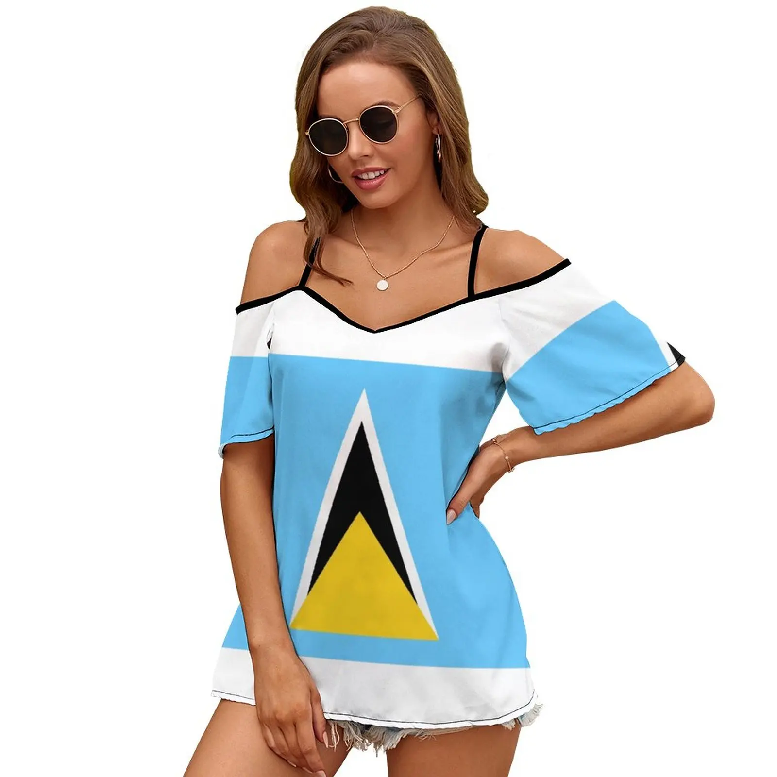 St. Lucia flaga szczelina rękaw zimny ramię drukuj kobiety T koszula w stylu Casual, letnia koszulka Tshirt luźny Top flaga Banner międzynarodowy