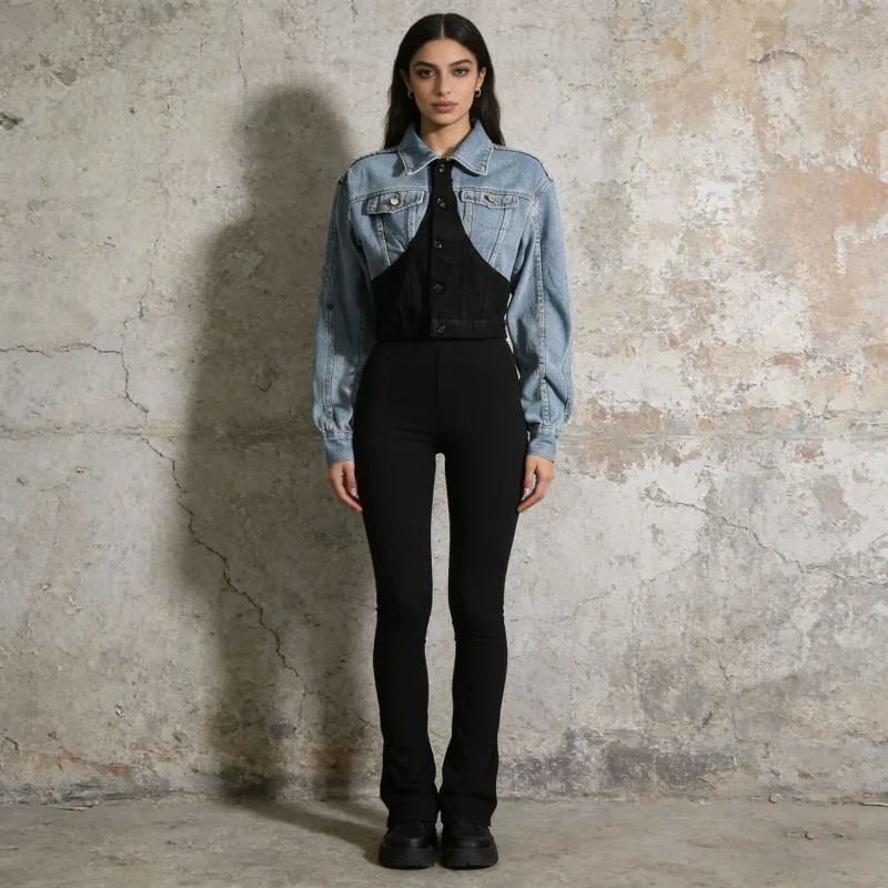Patchwork Lapel Denim Jackets Single Breasted Casual Short Color-blocking Outerwears Street Stylish 2026 Spring New Ladies Cloth