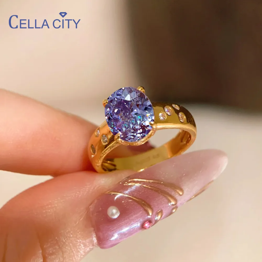 

Кольцо CellaCity овальной огранки с драгоценным камнем для женщин, серебряное, позолоченное, светлое, роскошное, взрывное, вспышка, фиолетовый, высокоуглеродистый бриллиант