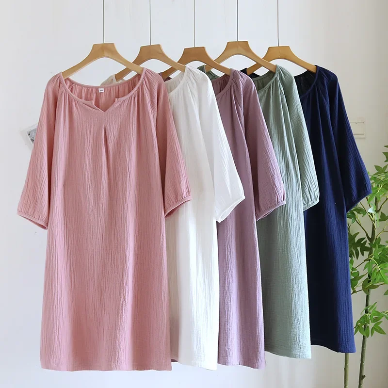 

2025 New Spring and Autumn Women's Sleeping Skirt 100% Cotton Crepe Colorful Sleeping Skirt Large Loose Home Skirt Nightgown