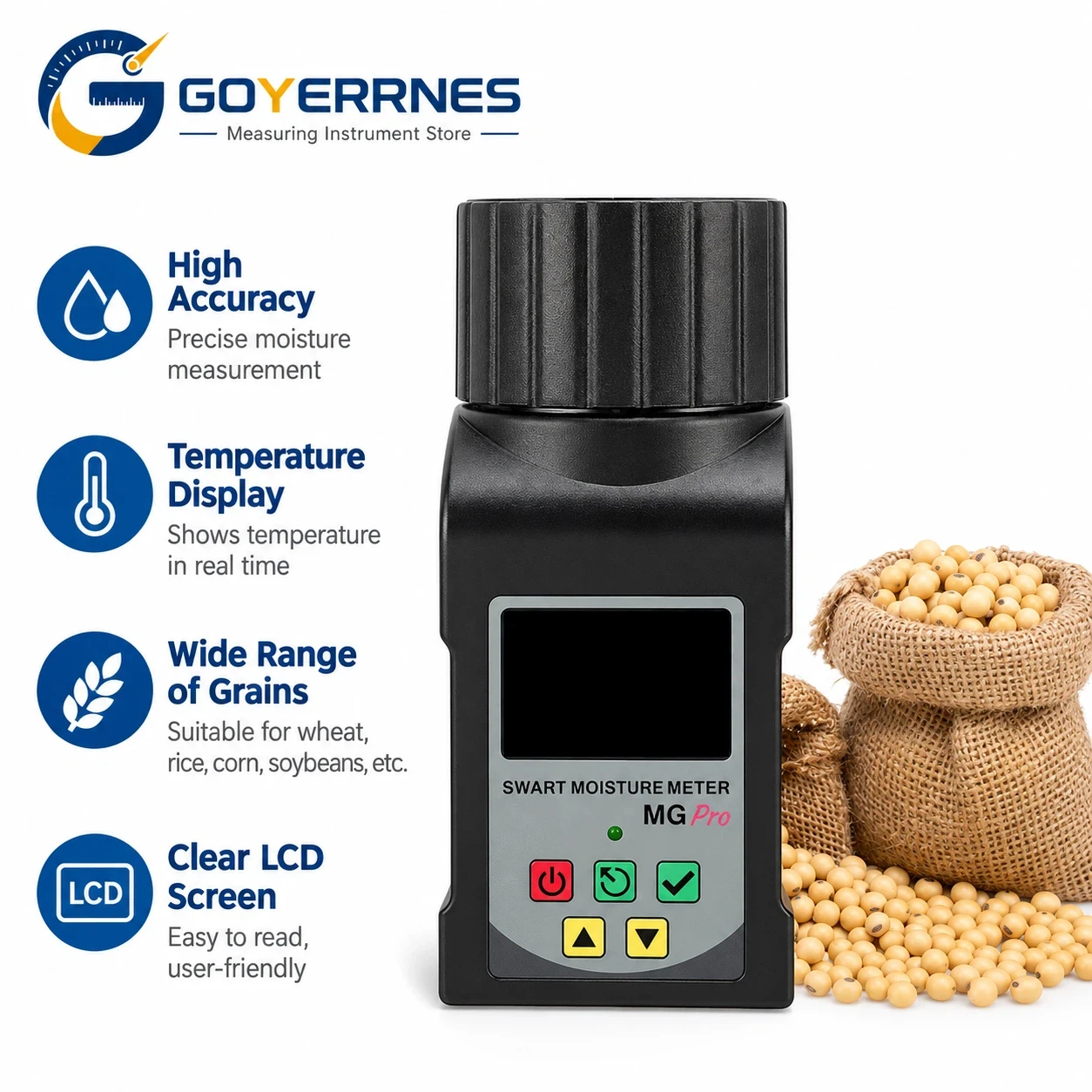 Grain Moisture Meter Tester Analyzer 25 Crops with Temperature 250 Data Storage for Wheat Corn Coffee Cocoa Soybean Farm