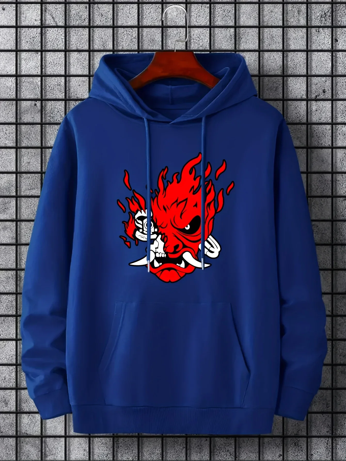 Streetwear Hoodie Unisex Gothic Oni Mask Skull Flame Art Front Print Punk Street Culture Loose Fleece Pullover For Autumn Winter