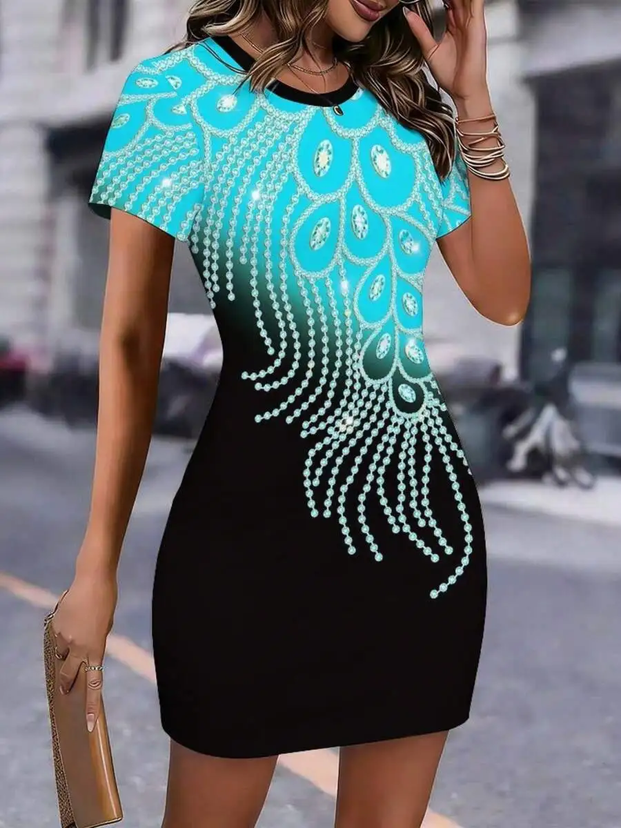 

Womens Short Sleeve Bodycon Dress With Peacock Print Round Neck Summer Elegant Casual Dress