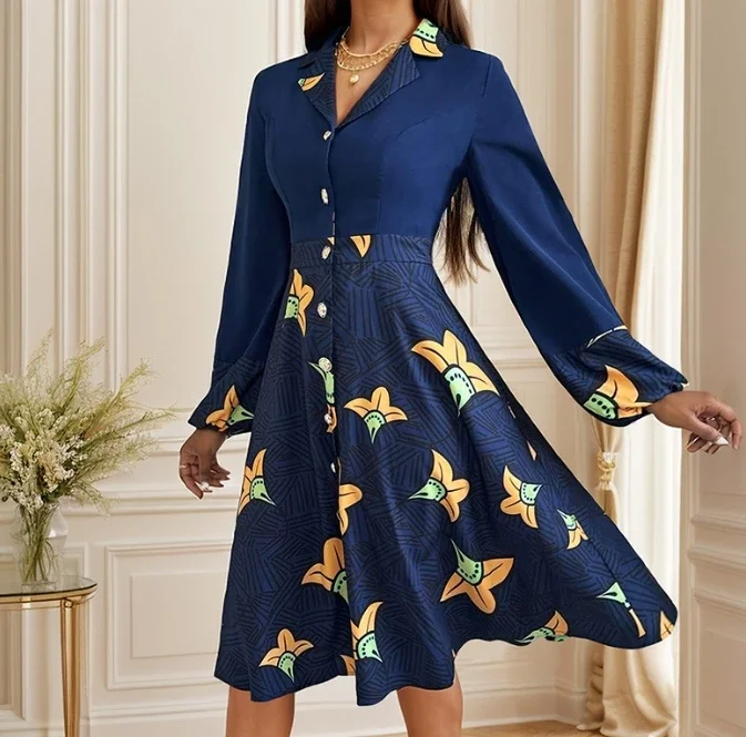 Damskie sukienki codzienne Moda Jesień Kołnierzyk Guziki Długi Rękaw Sukienka Koszulowa w Kwiatowy Wzór Codzienna Sukienka Damska w Stylu Vintage Trapezowa