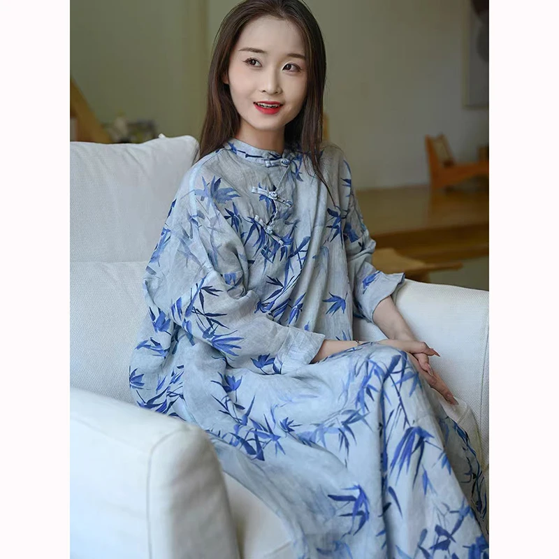 Wiosna Lato Chiński Styl Damska Sukienka z Rękawami Nietoperzowymi Luźna Długa Sukienka Vintage Nadruk Bawełna Len Sukienka w Linii A Dobra Jakość JM07