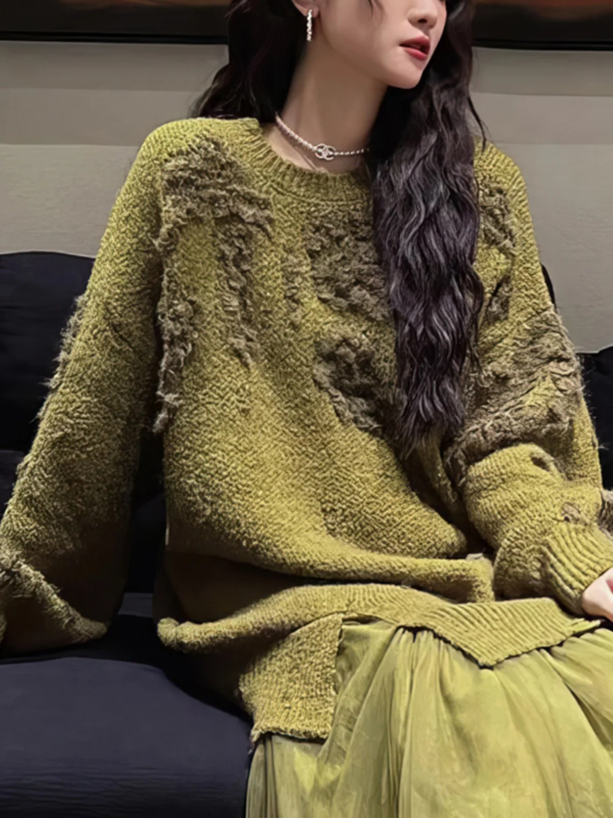 

Осенне-зимний вязаный свитер с рукавами-фонариками, женский, средней длины, в стиле Gentle Forest System, с богатой отделкой, трикотажная одежда