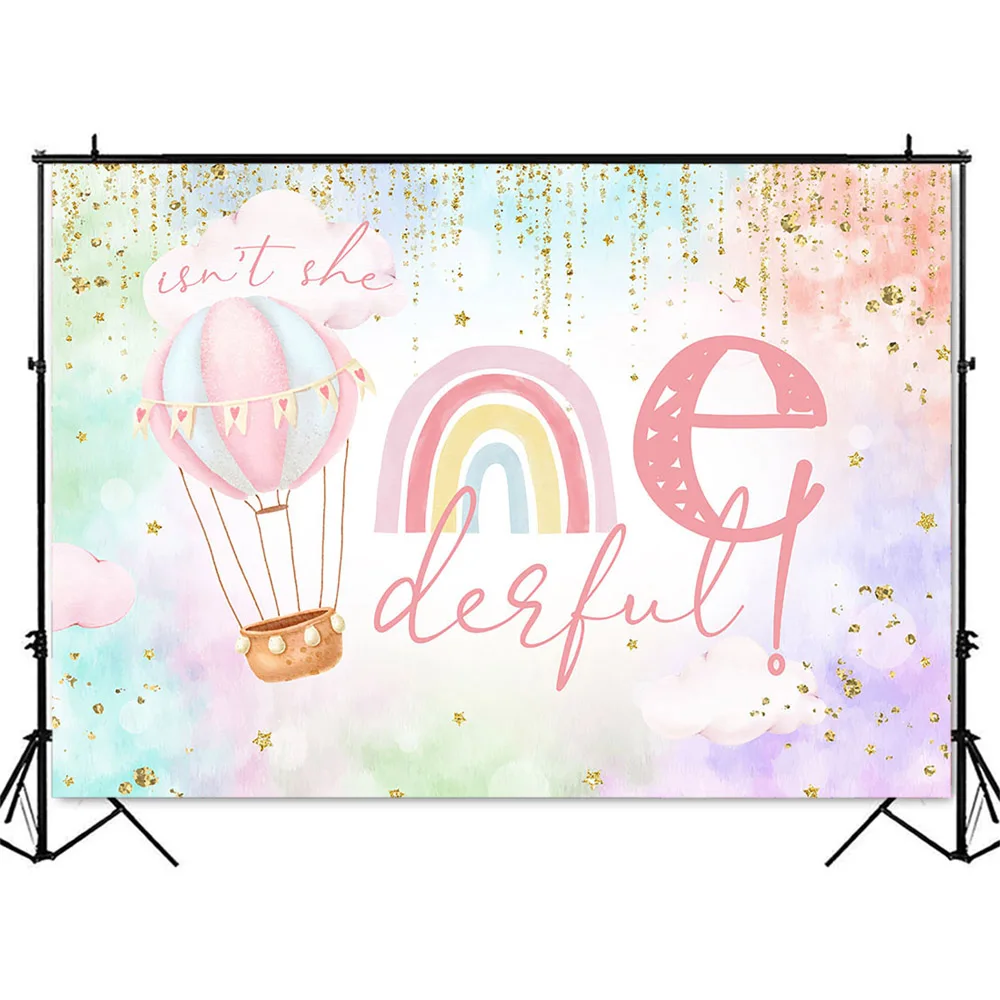 Isn\'t She Onederful Backdrop Boho Rainbow Cloud Happy 1st Birthday Party Backdrop Sweet Girl\'s Birthday Background Golden Dots