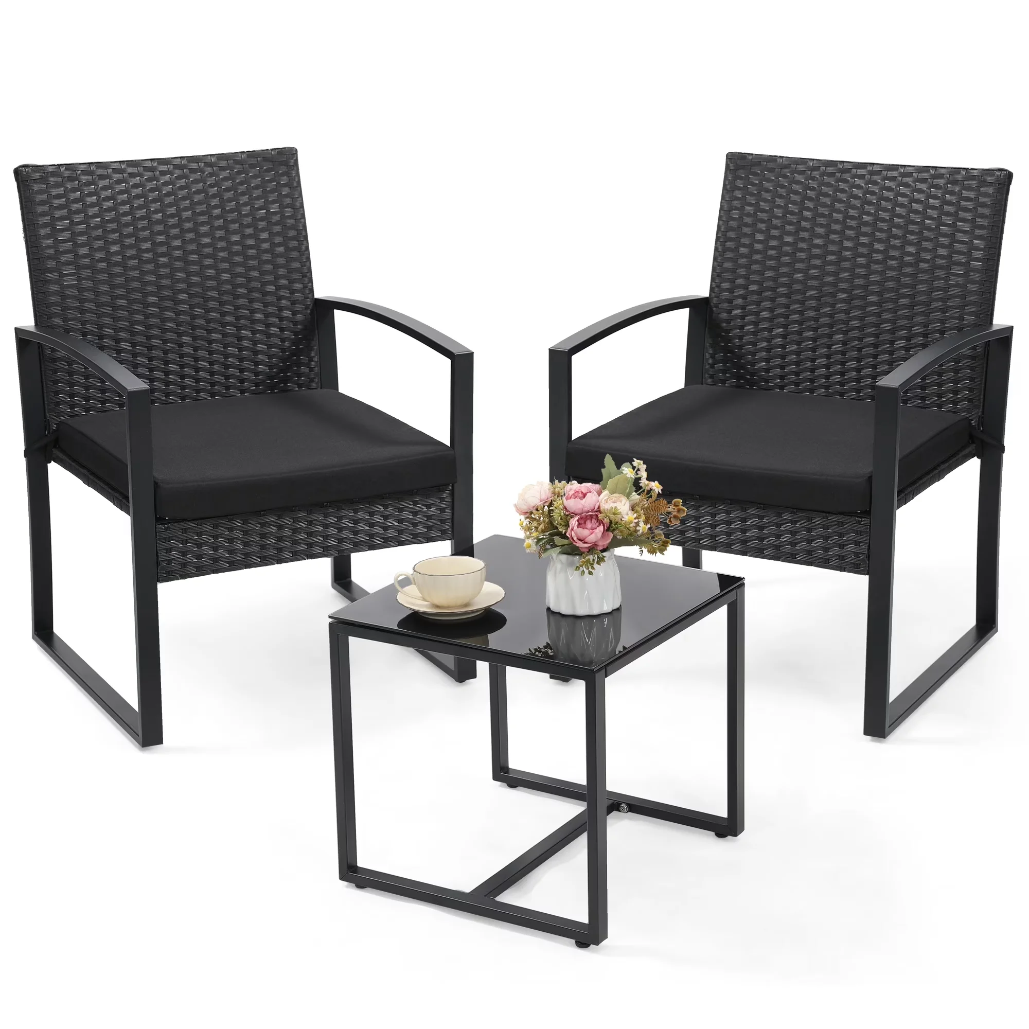 3 Pcs Outdoor Wicker Patio Bistro Set Conversation Furniture with Coffee Table Cushions for Garden Pool Balcony Backyard