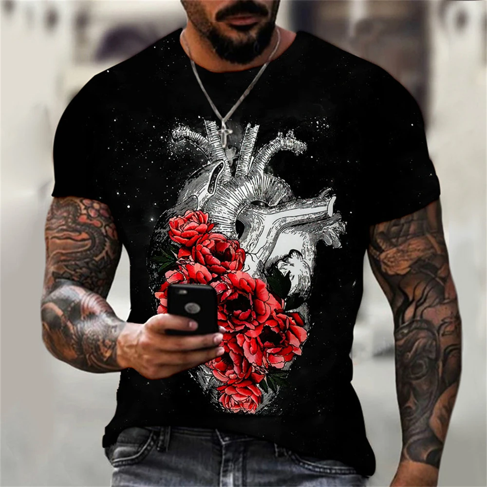 Men's Vintage Loose Harajuku T-shirt Street Personality Casual Round Neck Pullover  Rose Print Sports Men's Short Sleeve T-shirt