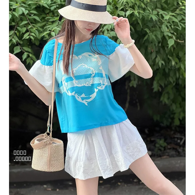 韓国風サマーファッションセット 女の子用 ベルスリーブと刺繍入りスカート ドルフィン柄ポリエステルスカート...