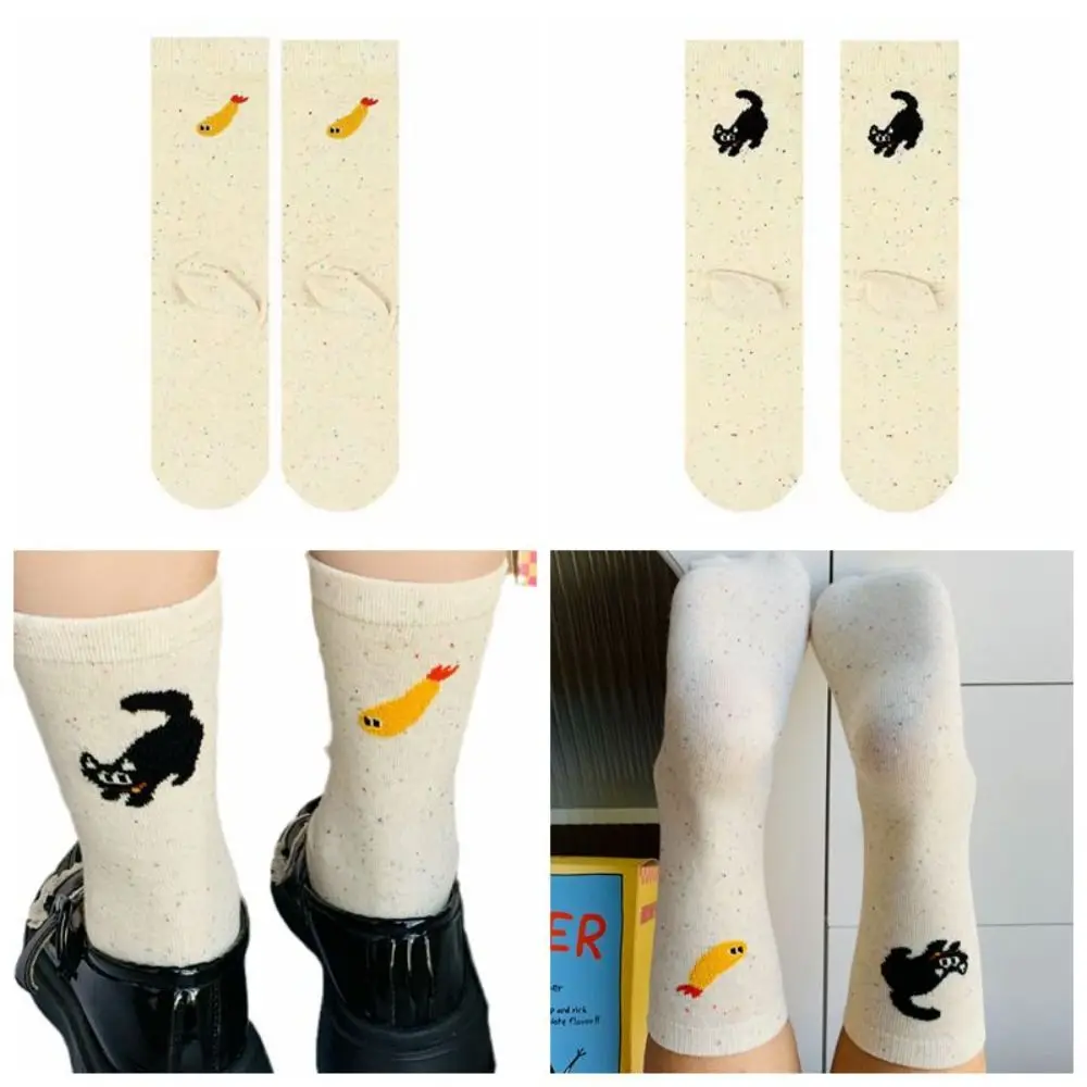 

New Breathable Cartoon Socks Cotton Cute Fish Embroidery Socks Cat Pattern Harajuku Street Mid Tube Socks