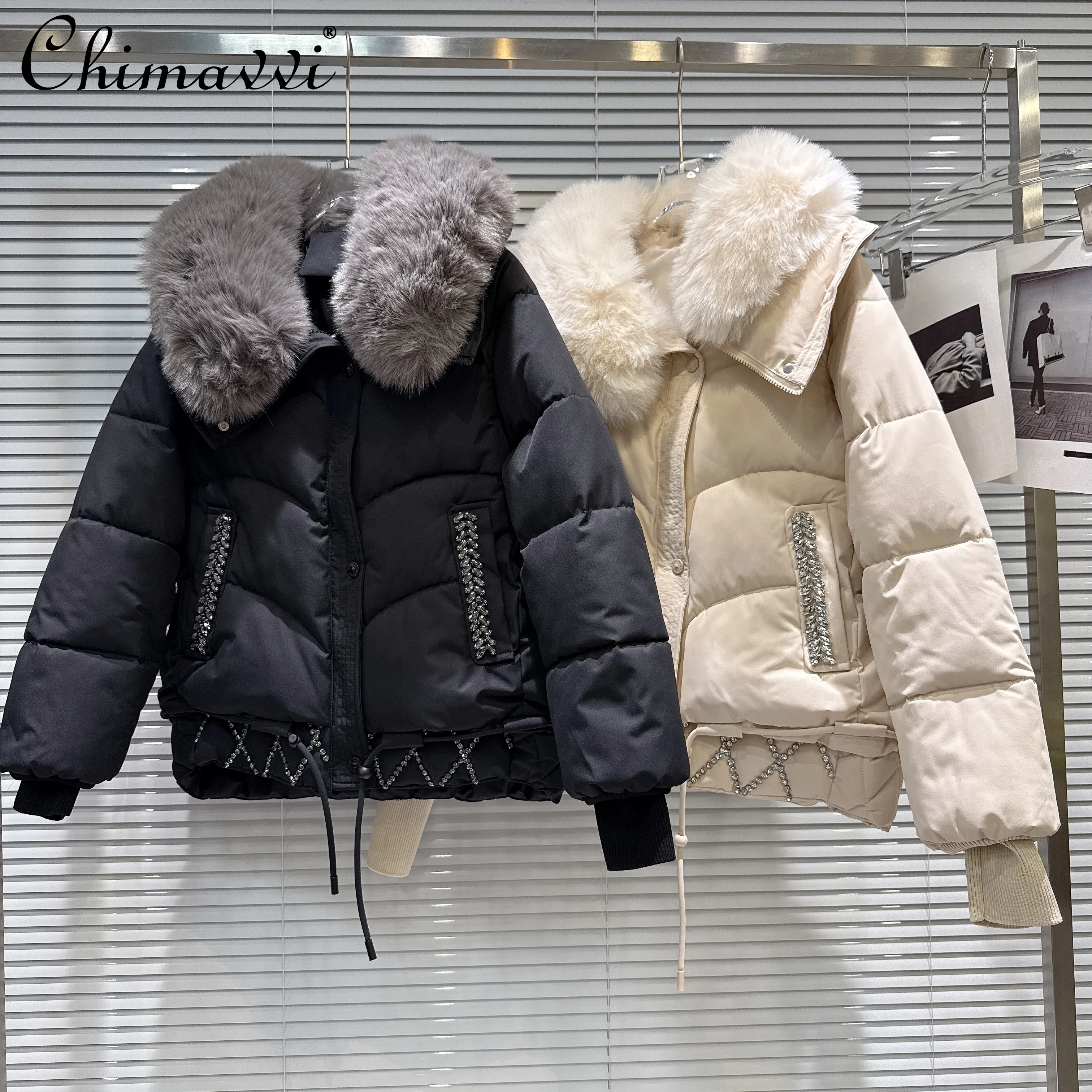 

Korean Style Fashion Casual Plush Collar Rhinestone Beaded Pocket Versatile Warm Thick Puffer Jackets Women Winter Parkas Coats