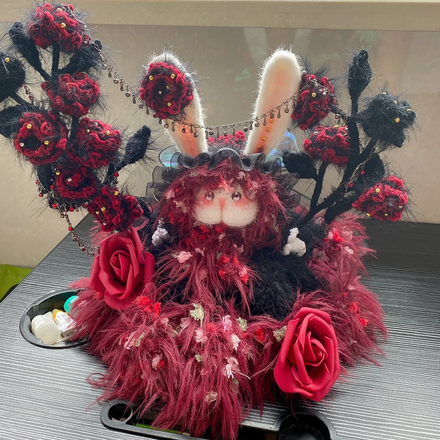 

0082 Dark Rose Rabbit Handmade Crochet Doll - Gothic Easter Bunny Decor with Black Yarn, Unique Handcrafted Gift for Women