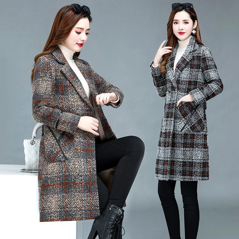 

NEW Women Wool Coat Autumn Winter Korean Long Woolen Outerwear Female Outwear Plaid Trench Coat Casual Parker Overcoat 5XL