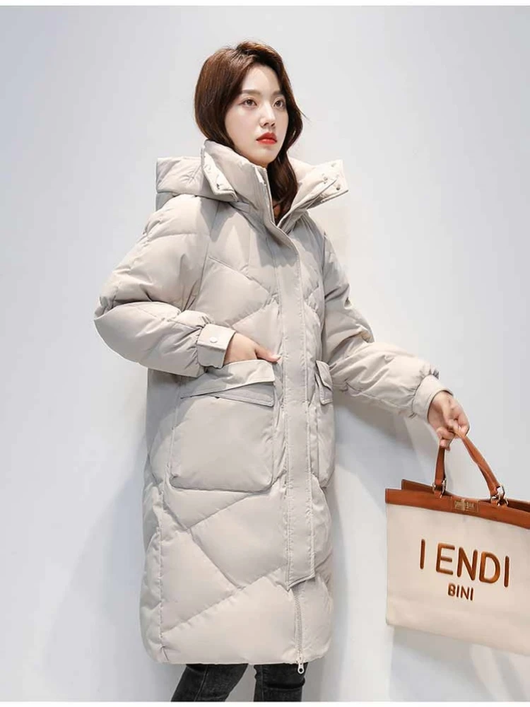 Women\'s Winter White Duck Down Coat Casual Down Coat Long Coat Women\'s Outdoor Clothing Loose Padded Hooded Warm Parka