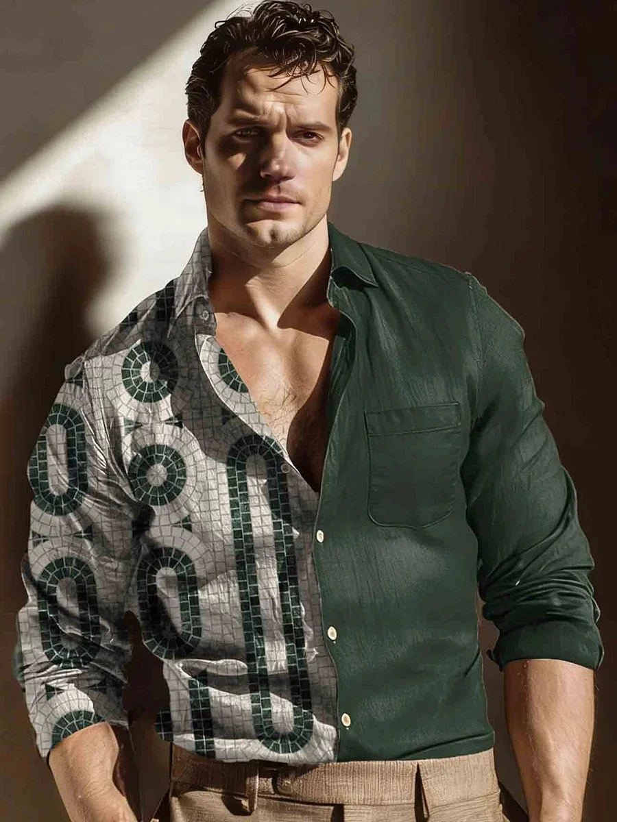 

2026 New Men's Fashion Patchwork Shirt, Green Solid Color Geometric Mosaic Print Long Sleeve Collared Casual Street Style Button