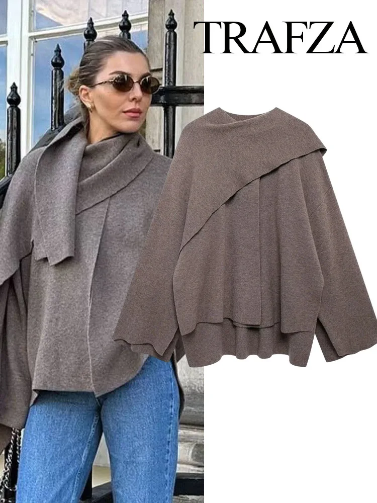 TRAFZA Female Elegant Spliced Cape Collar Woolen Coat Women Chic Long Sleeve Casual Jacket 2024 Fall Winter Loose Outerwear