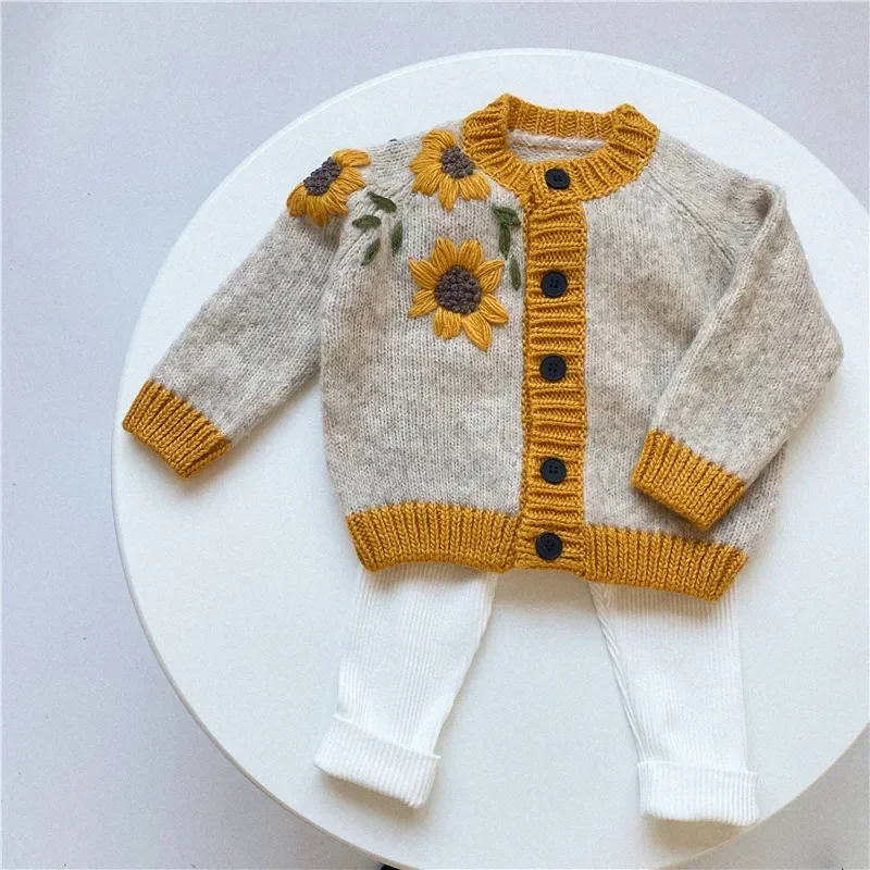 Autumn Winter Girls Sunflower Hand Hook Knitted Cardigan Round Neck Sweater Children's Wool Coat