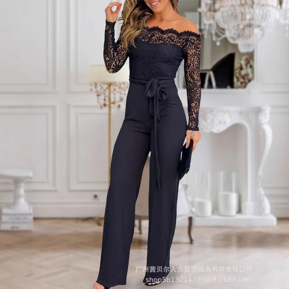 Damski kombinezon z odkrytymi ramionami, długim rękawem, koronkowa naszywka, slim fit, wiązany szczegół, codzienne spodnie kombinezony