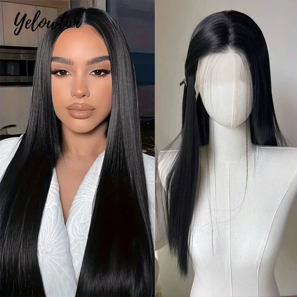 

Yelowtim 32Inch Synthetic Lace Front Wigs Highlight Brwon Blonde Black Wig Long Straight Lace WIg For Women Heat Resistant Wig