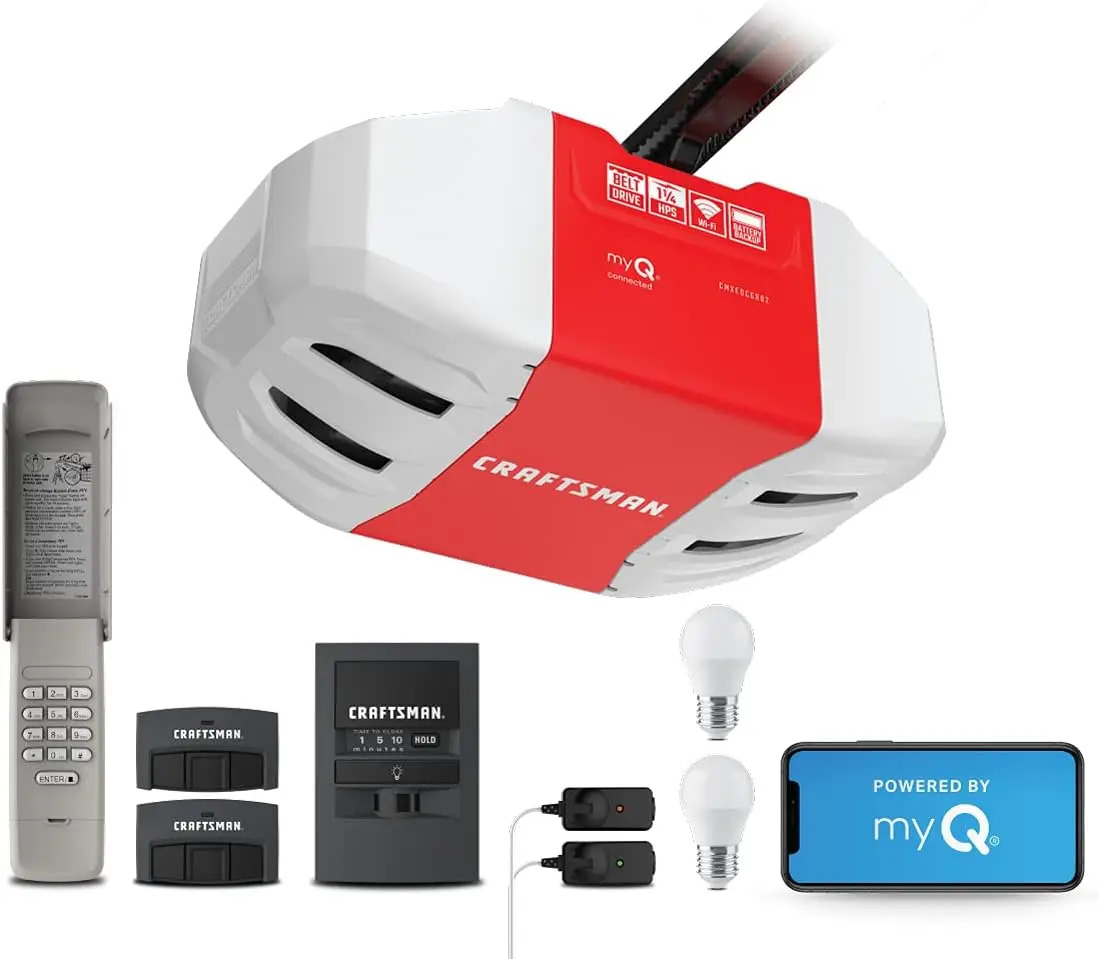 Craftsman 11⁄4 HPs Ultra Quiet Belt Drive Kit، جهاز التحكم في الهاتف الذكي (myQ)، موديل CMXEOCG982، فتاحة باب المرآب الأحمر