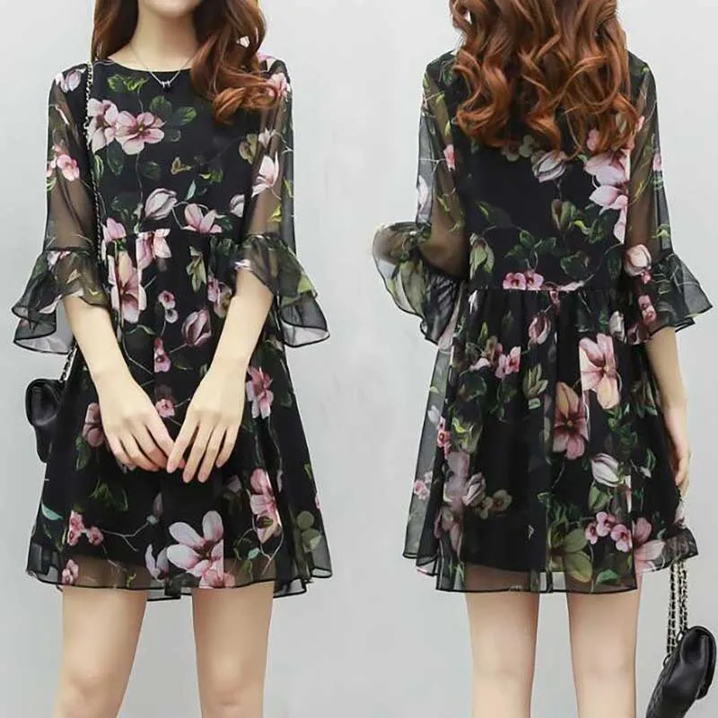 Elegant Printed Spliced Butterfly Sleeve Chiffon Floral Dress Women Clothing Spring Summer New Loose Office Lady Mini Dress