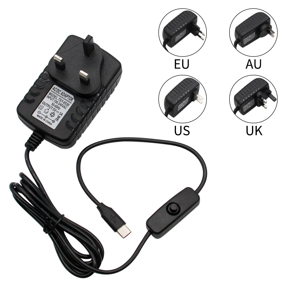 For Raspberry Pi 4 Power Adapter 5V 3A Type-C With ON/OFF Switch Button EU US AU UK Plug Charger for Raspberry Pi 4 Model B