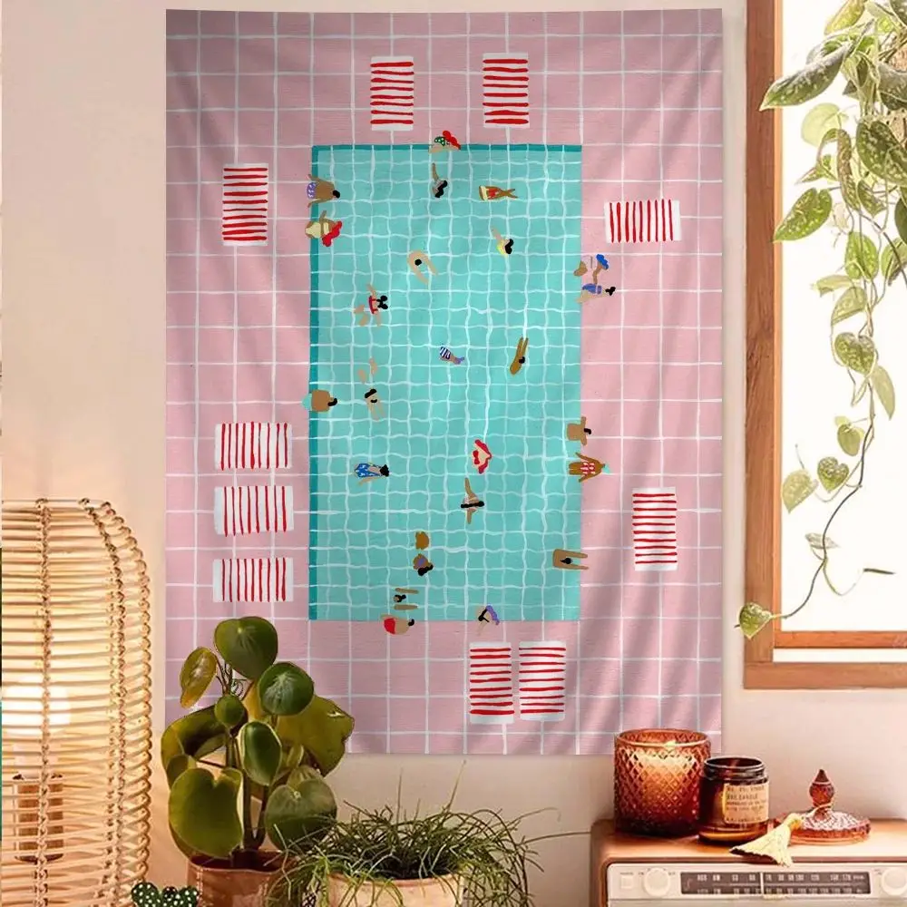 VIKAMA Scandinavian Pink Coast Poster Summer Pool Party Beach Swimming Anime Tapestry Wall, Sofa, Bedroom Festive Decorations