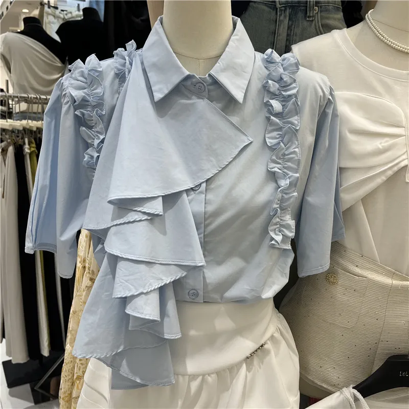 

Summer New Women's Loose Short Sleeve Shirt Irregular Hem Pleated Korean Style Versatile Top Cotton Polyester Blend Bubble Sl...